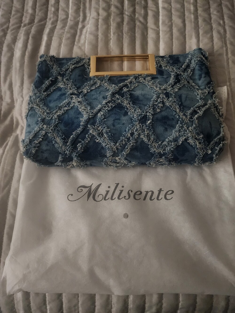 Blue Denim Fringe Clutch with Gold Handle